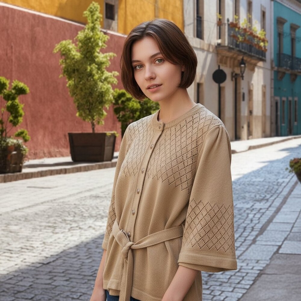 Vintage Open Knit Belted Cardigan Sweater